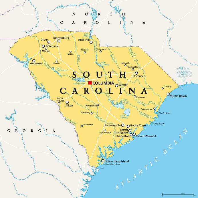 Map of South Carolina and some of its major cities