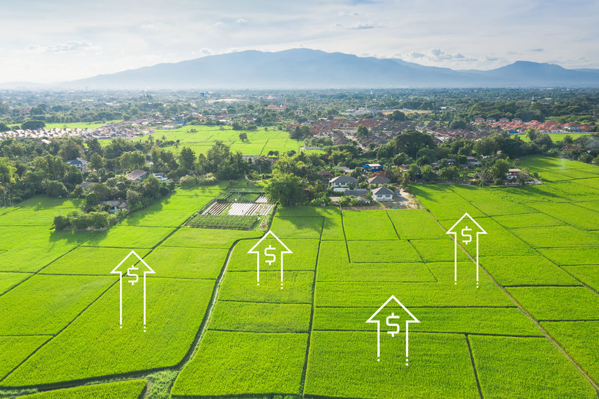 Land values in aerial view. Consist of landscape, green field and agriculture farm land